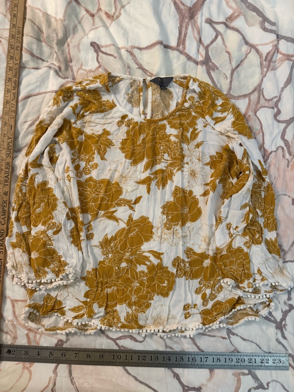 Mi White Blouse with Mustard Floral Print and Pom-Pom Hem